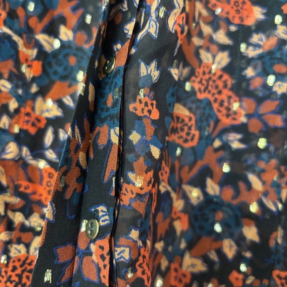 Ulla Johnson Silk Floral Long Sleeve Metallic Edith Blouse Size 2 Small Navy Top - Picture 10 of 16